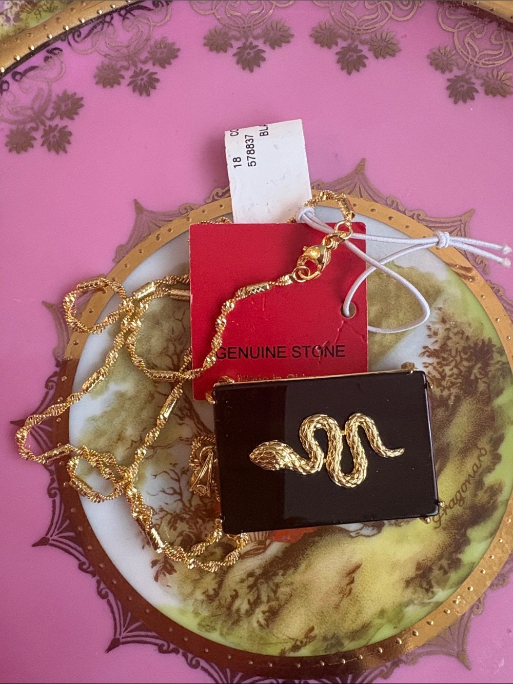 Gold plated S Snake Pendant on Black Stone Necklace